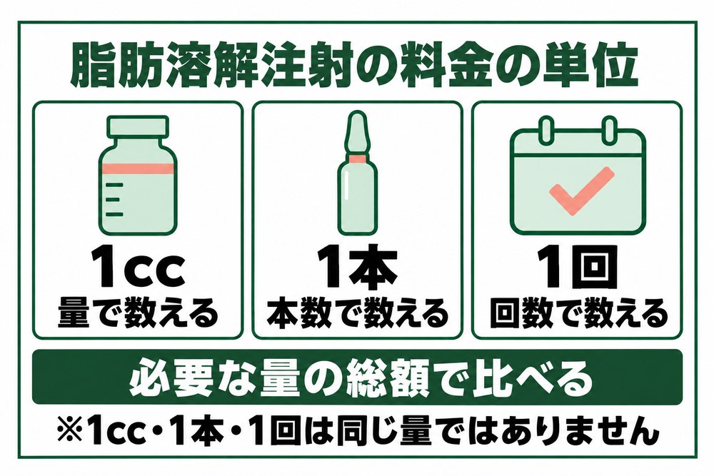 高崎の脂肪溶解注射で料金の単位が1cc・1本・1回に分かれることを示した図