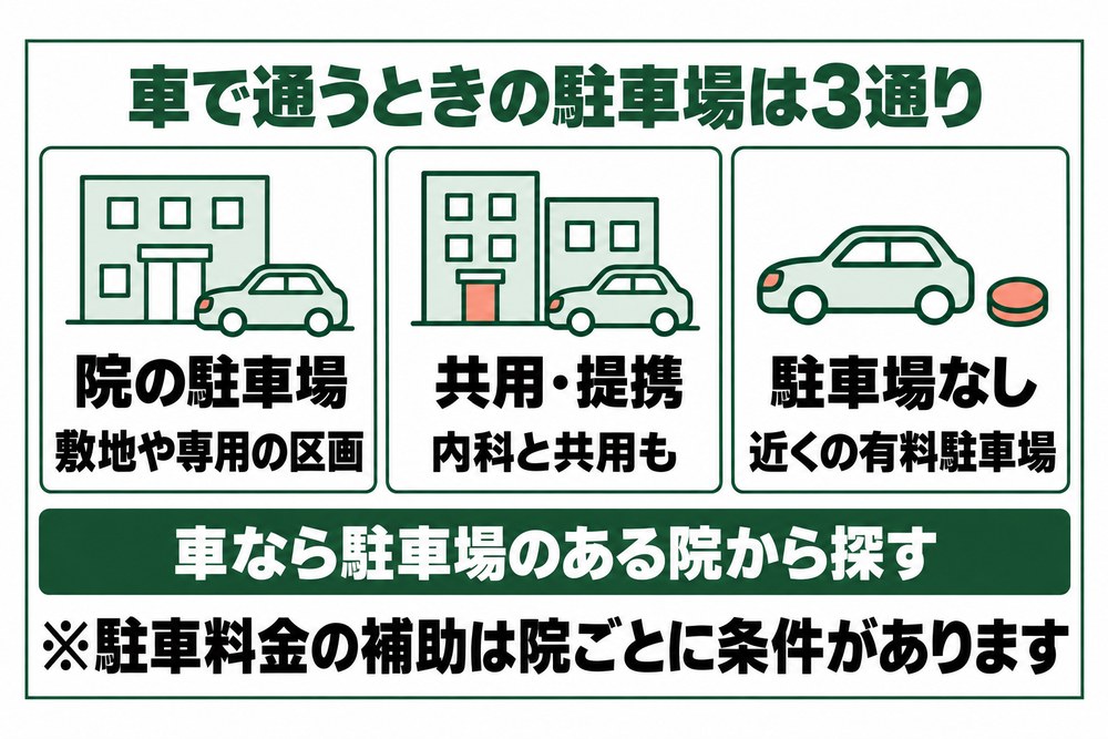 高崎で車で通うときの駐車場が院の駐車場・共用や提携・駐車場なしの3通りに分かれることを示した図