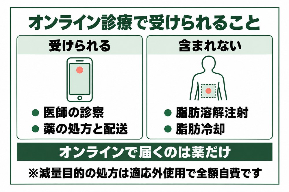 オンライン診療で受けられる診察と薬の処方と、含まれない脂肪溶解注射や脂肪冷却を分けて示した図