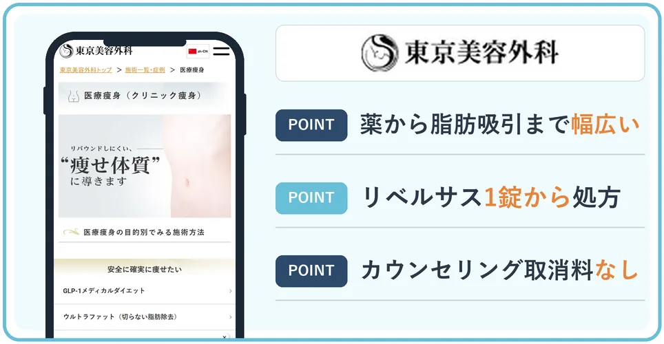 東京美容外科の公式サイトを映したスマホの写真