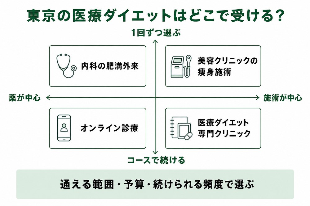 医療ダイエットのクリニックを治療の種類と通い方で4つに整理した図