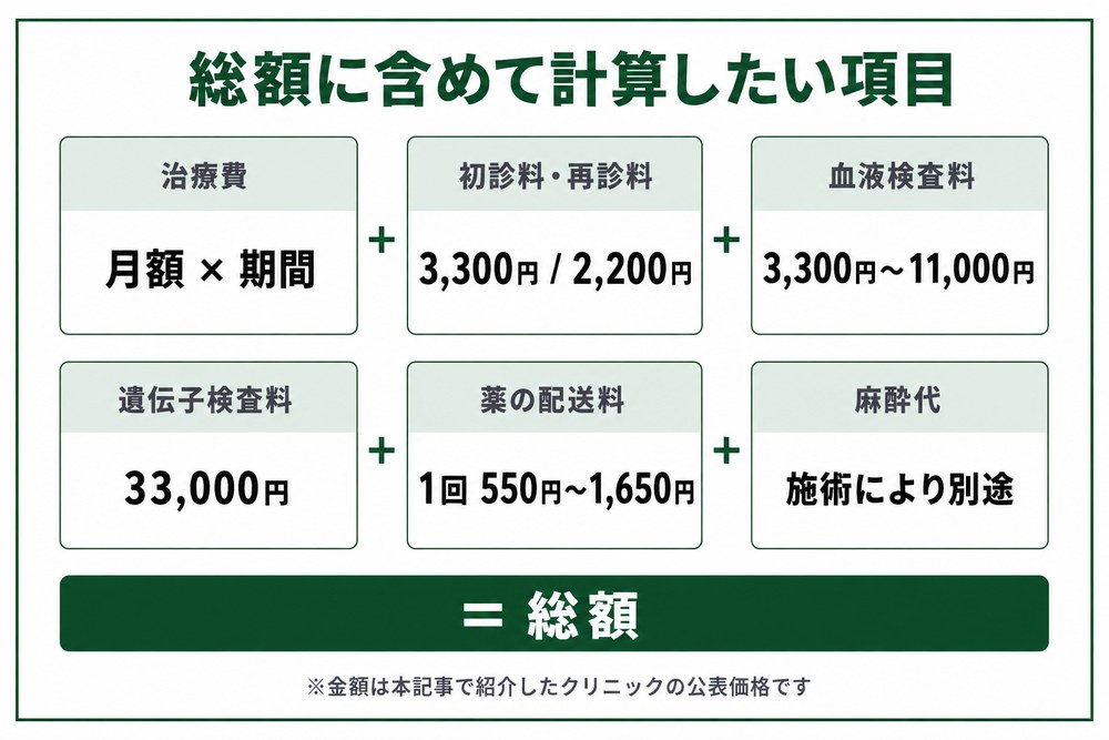 医療ダイエットの総額に含めて計算したい費用の内訳