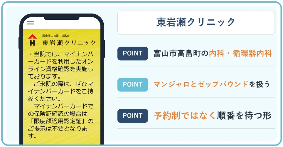 東岩瀬クリニックの公式サイトを映したスマホの写真
