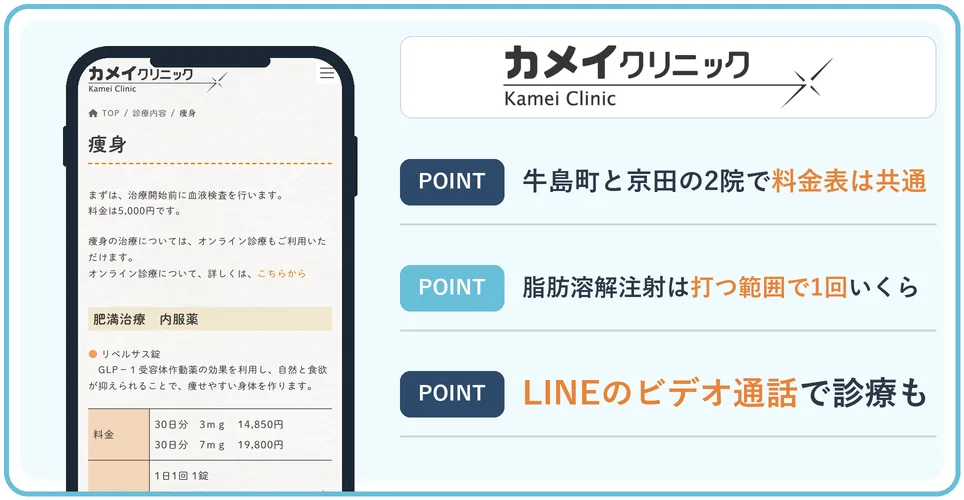 カメイクリニックの公式サイトを映したスマホの写真
