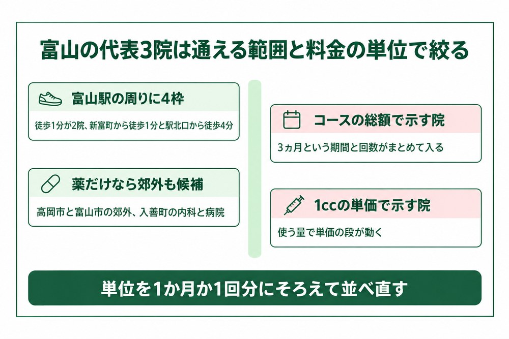 富山の医療ダイエットを通えるエリアと料金の数え方で絞る図