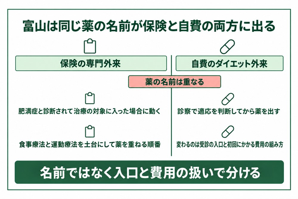 富山では同じ薬の名前が保険の外来と自費の外来の両方に出てくる図