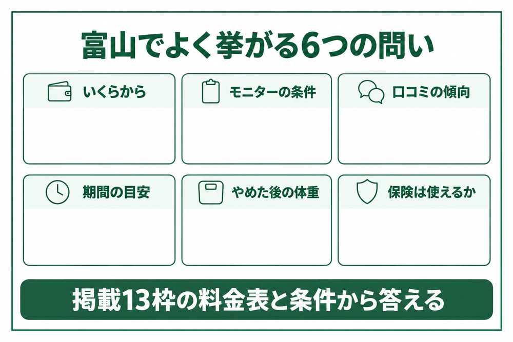 富山の医療ダイエットでよく挙がる6つの問いを並べた図