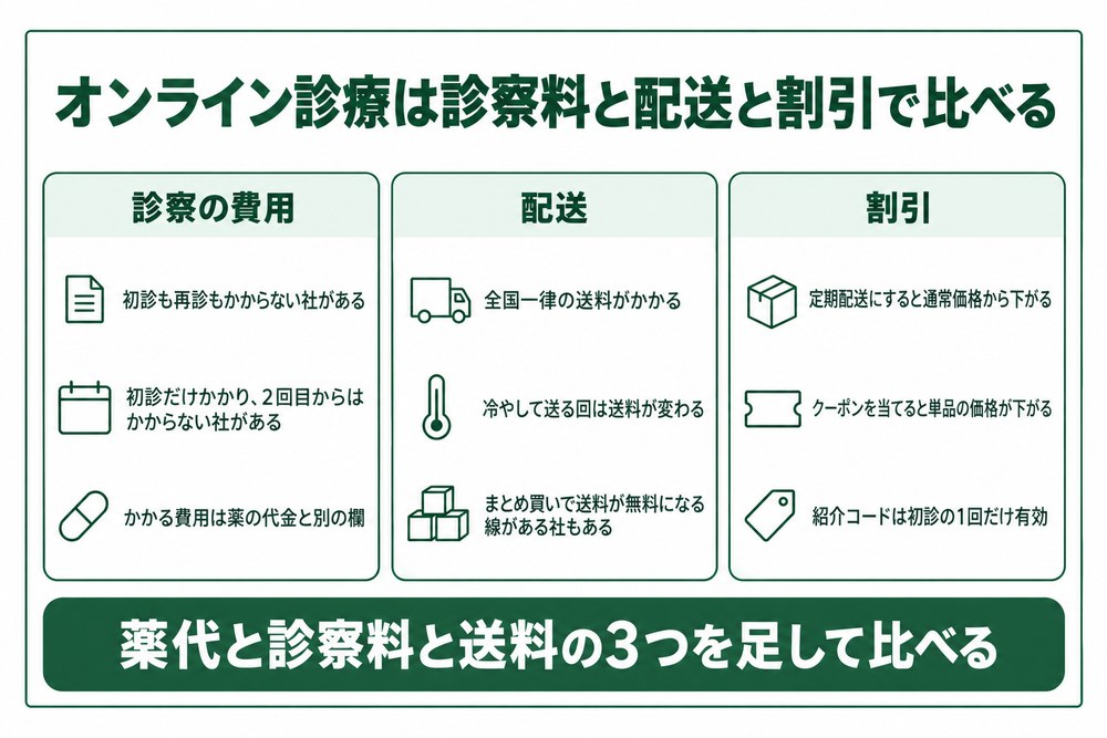 富山へ薬を送るオンライン診療3社を診察料と配送と割引で比べた図