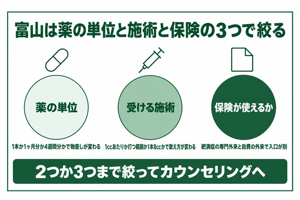 富山の医療ダイエットを薬の単位と施術と保険の3つで絞り込む図