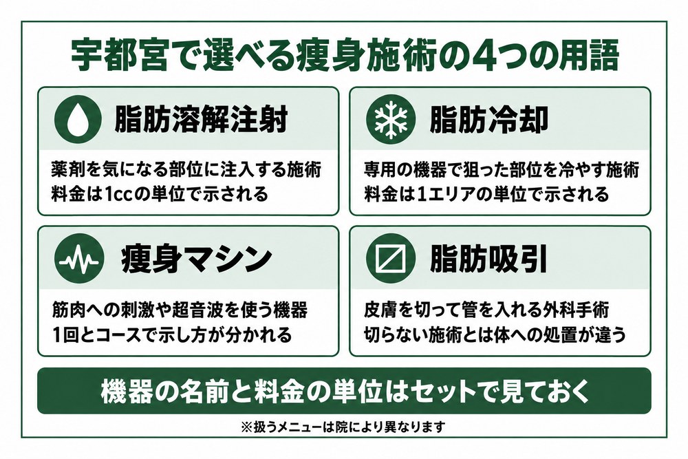 宇都宮で選べる切らない痩身施術と脂肪吸引の4つの用語を整理した図