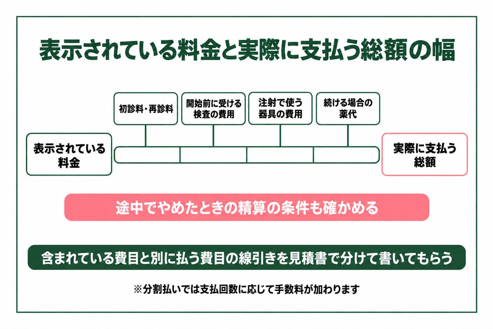 表示されている料金に足して考える費目と実際に支払う総額の幅を示した図