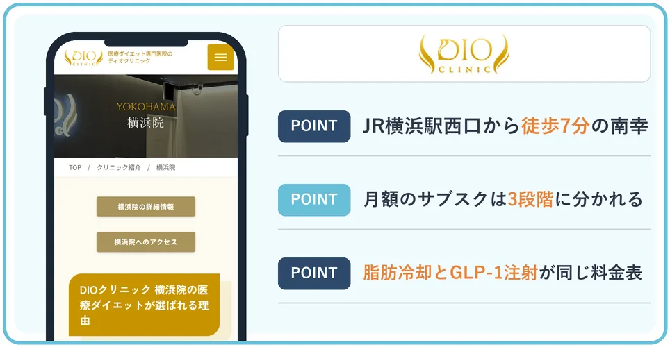 ディオクリニック横浜院の公式サイトを映したスマホの写真