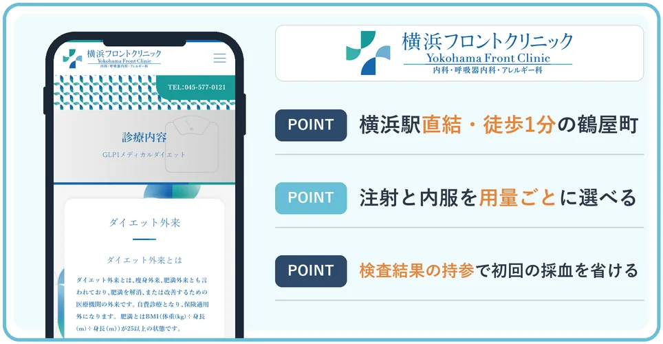 横浜フロントクリニックの公式サイトを映したスマホの写真