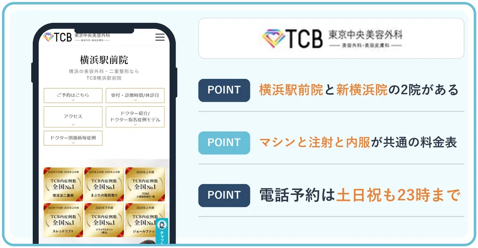 TCB東京中央美容外科の公式サイトを映したスマホの写真