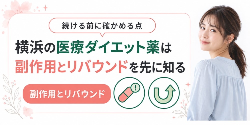 横浜のクリニックが自費で出すGLP-1の薬に挙がる症状と薬を終えた後の体重の動きを並べた図