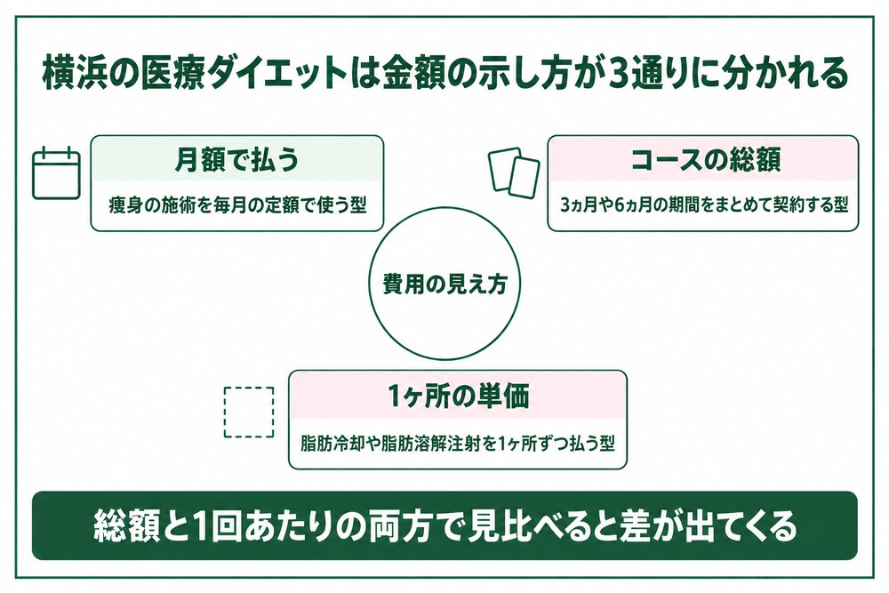 横浜の医療ダイエットの金額を月額とコース総額と1ヶ所の単価で見分ける図