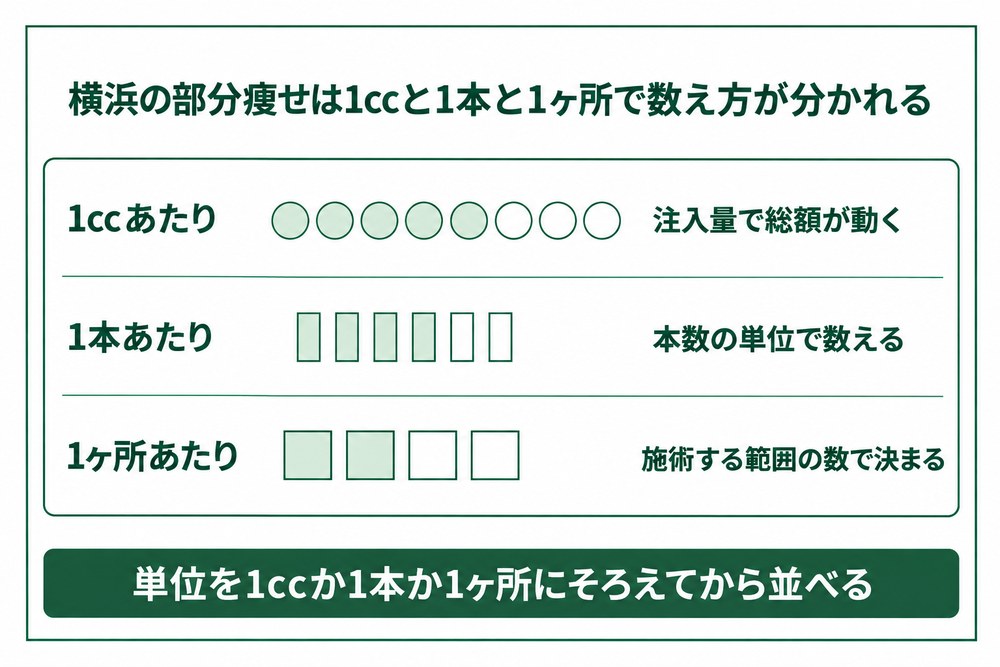 脂肪溶解注射と脂肪冷却の料金が1ccと1本と1ヶ所で数え方の単位が分かれることを示した図