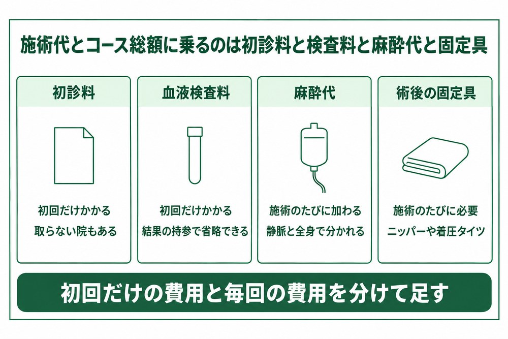横浜の医療ダイエットで初診料と血液検査料と麻酔代と固定具が総額に乗る内訳の図