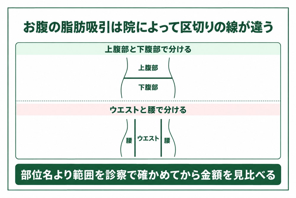 お腹の脂肪吸引を上腹部と下腹部に分ける院とウエストと腰に分ける院で区切りの線が違うことを示した図