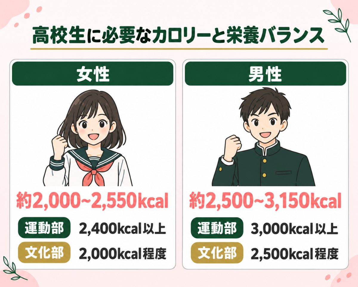 男女別・運動部文化部別の高校生に必要なカロリーと栄養バランス一覧