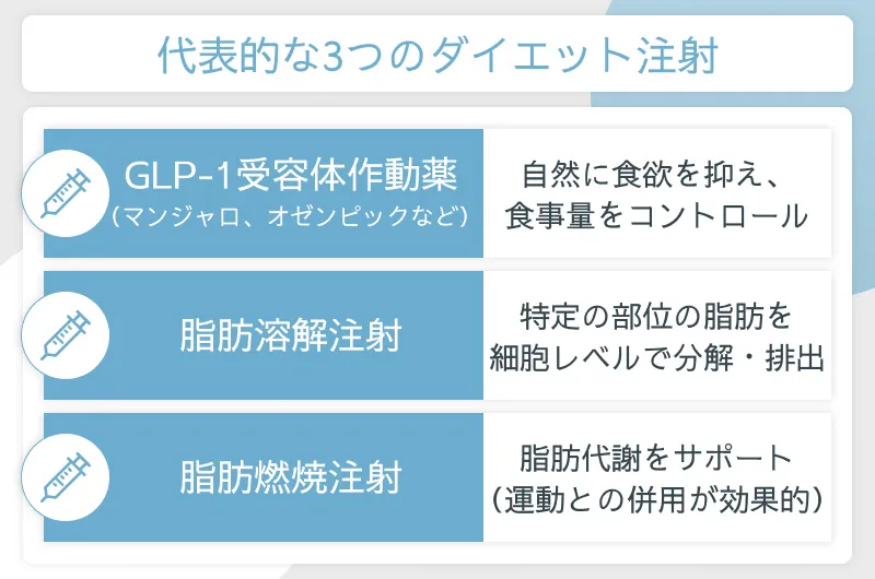 代表的な3つのダイエット注射。食欲を抑えるGLP-1受容体作動薬、脂肪を分解・排出する脂肪溶解注射、脂肪代謝をサポートする脂肪燃焼注射の3種類。