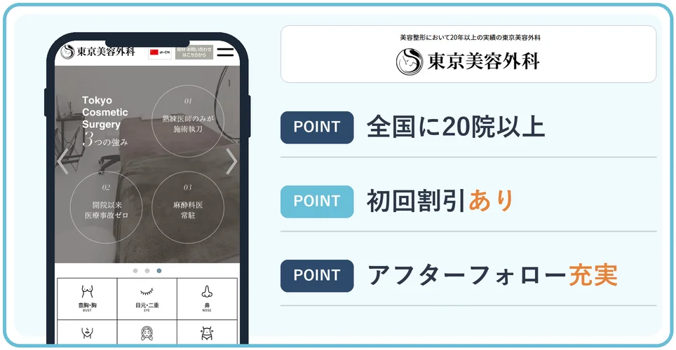 東京美容外科の公式サイトを映したスマホの写真