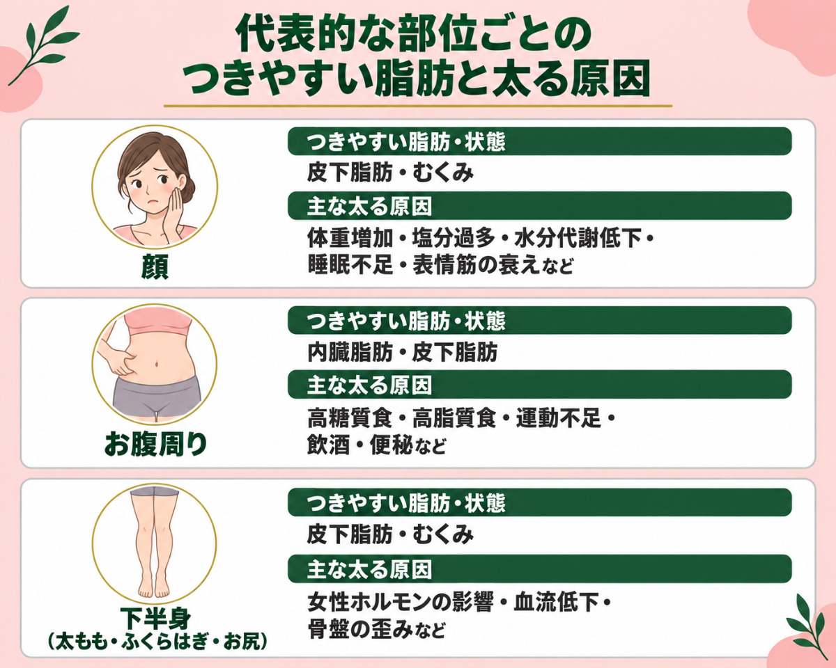 代表的な部位ごとのつきやすい脂肪と太る原因まとめ一覧表