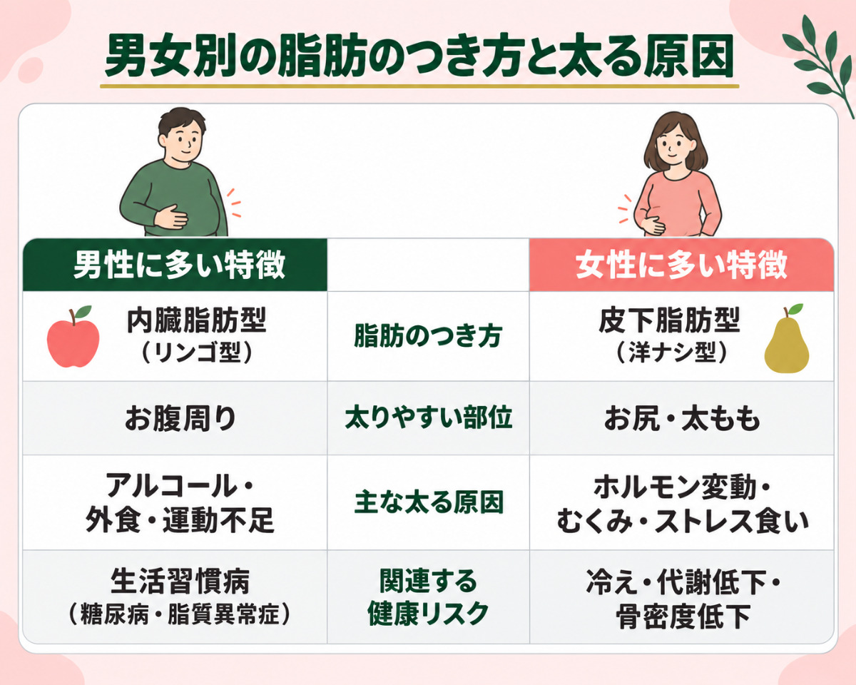 男女別の脂肪のつき方代謝の違いの特徴まとめ一覧